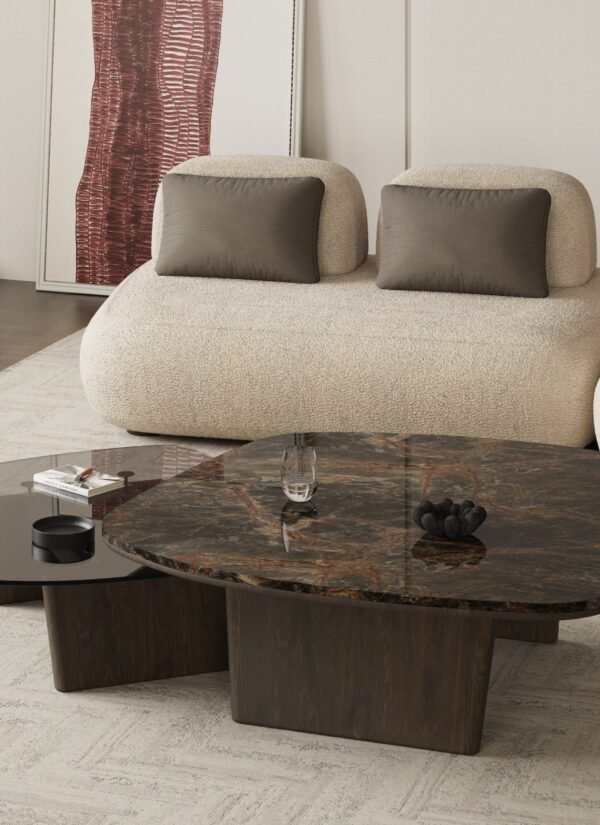 AMORPHOUS COFFEE TABLE - 100 CM, ASHY OAK, SMOKED GLASS